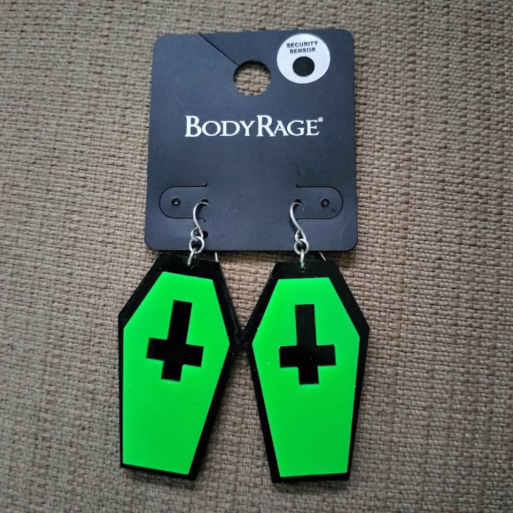 Green/Black Cross Coffin Earrings